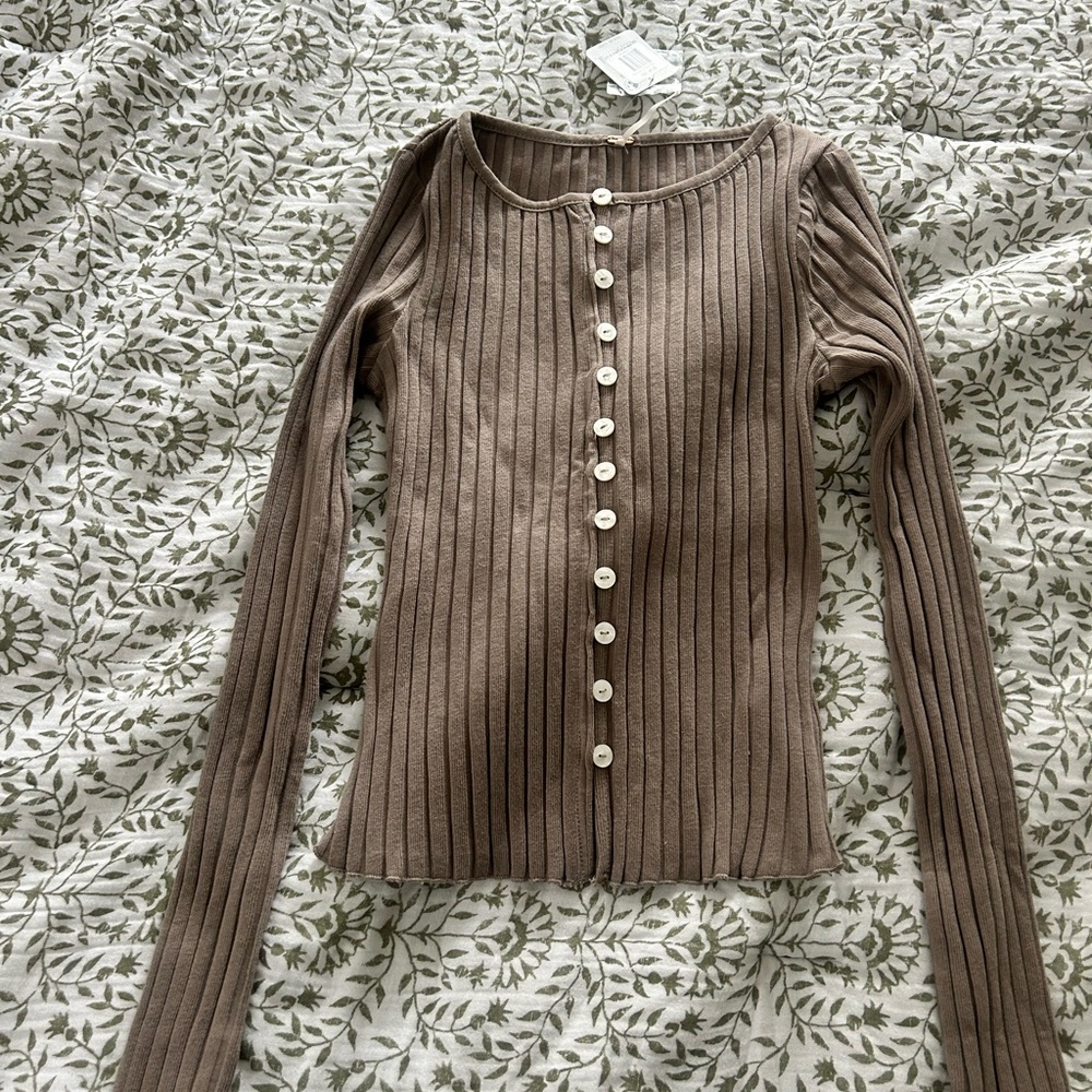 Free People Taupe Ribbed Button-Down Shirt